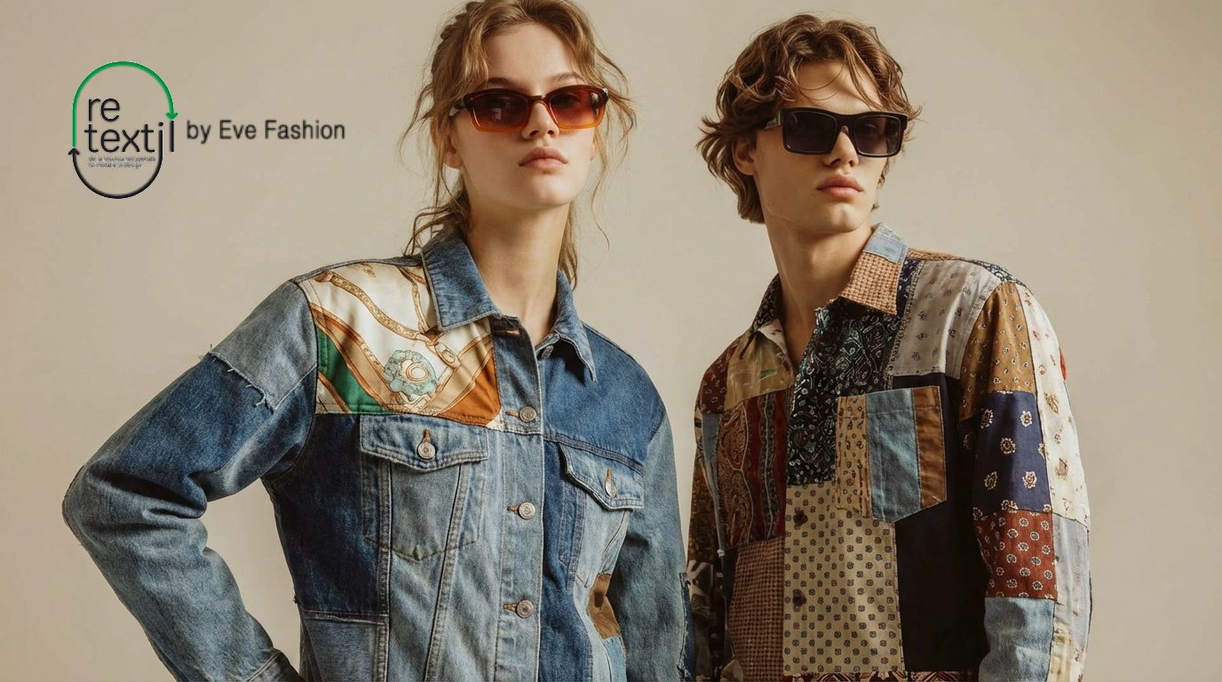 Două piese ReTextil: jachetă din denim recuperat și cămașă din petice de materiale refolosite